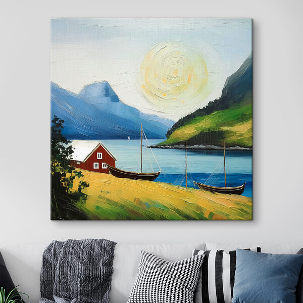 Ein Gemälde mit einem Haus und Booten auf einem See Wandbilder Ein Gemälde mit einem Haus und Booten auf einem See