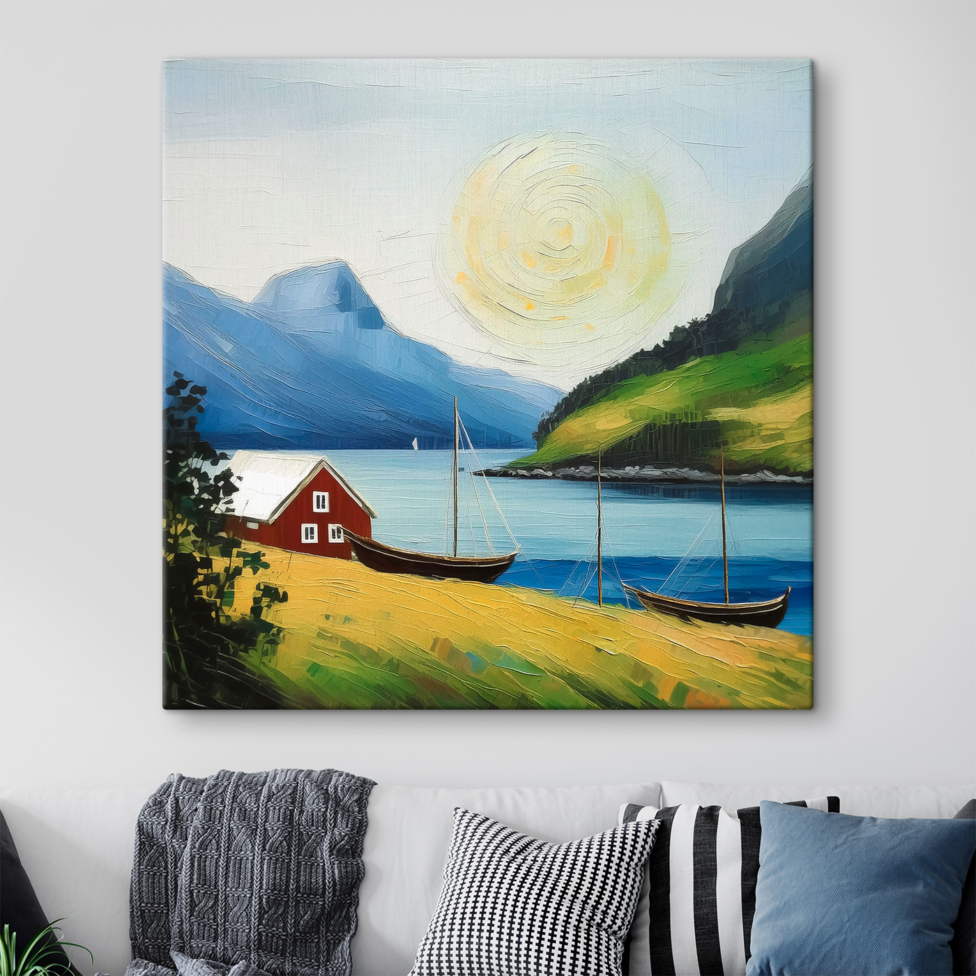 A painting of a house and boats on a lake A painting of a house and boats on a lake