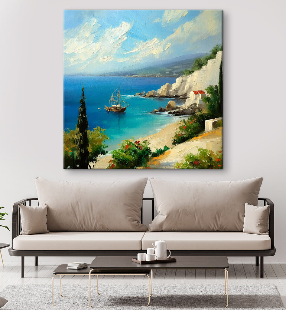 A painting of a boat in the water