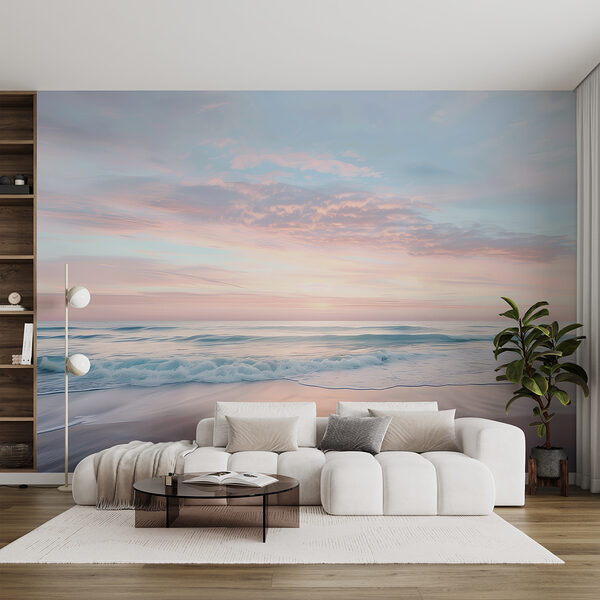 Ein Strand mit Wellen und einem rosa Himmel Ein Strand mit Wellen und einem rosa Himmel