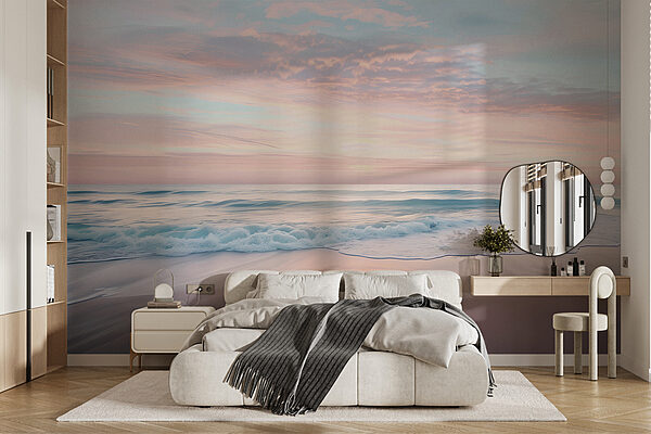 Ein Strand mit Wellen und einem rosa Himmel Ein Strand mit Wellen und einem rosa Himmel