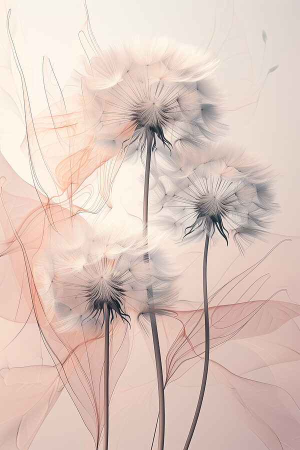 A group of dandelions with white and orange lines