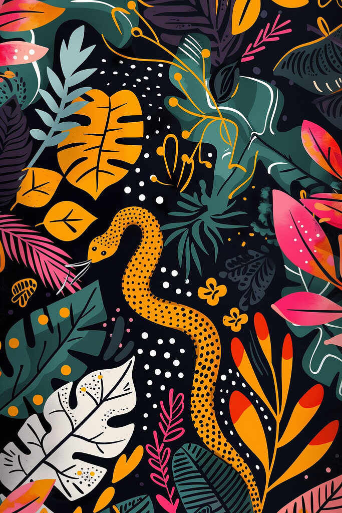 A colorful art of a snake and leaves