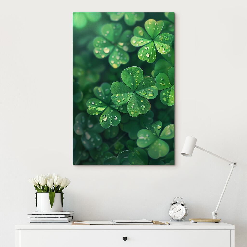 A group of clovers with water droplets