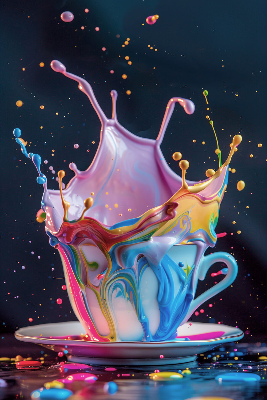 Eine bunte Flüssigkeit spritzt in eine Tasse