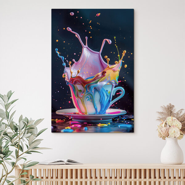 Eine bunte Flüssigkeit spritzt in eine Tasse Eine bunte Flüssigkeit spritzt in eine Tasse