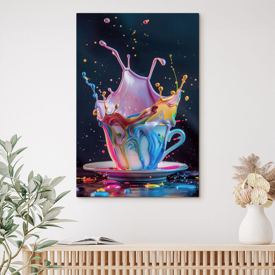 Eine bunte Flüssigkeit spritzt in eine Tasse