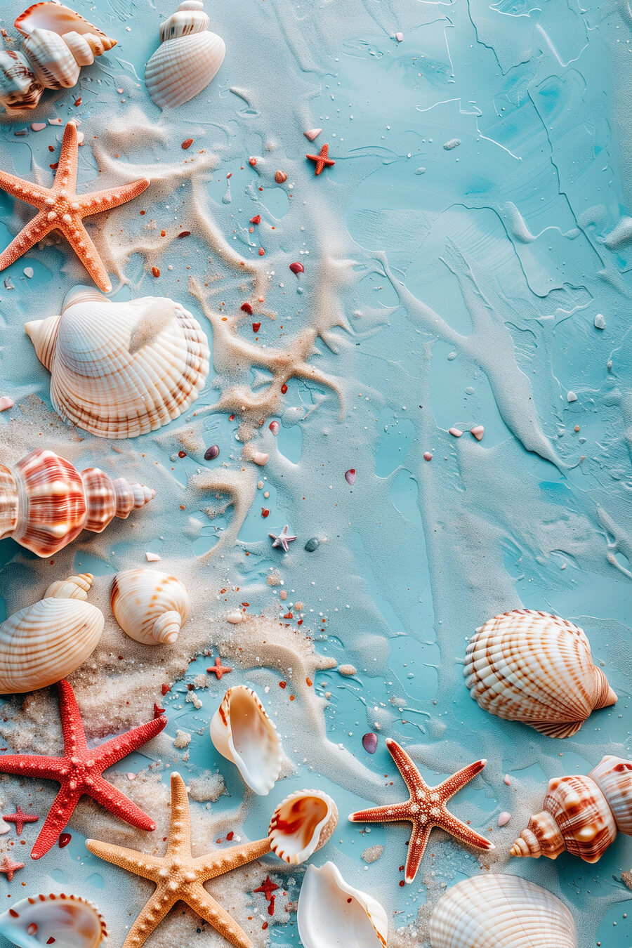 Eine Gruppe von Muscheln und Seesternen auf einer blauen Fläche Eine Gruppe von Muscheln und Seesternen auf einer blauen Fläche