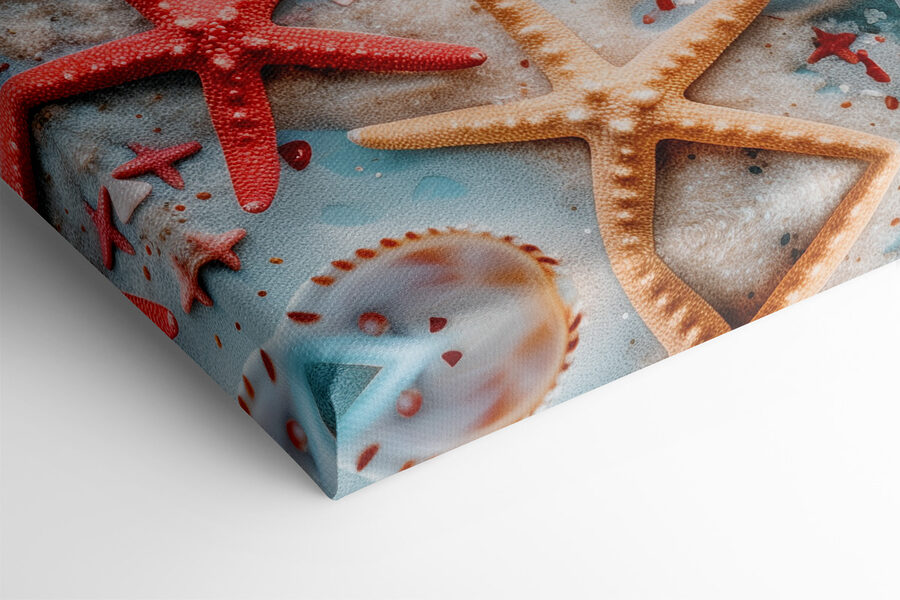 Eine Gruppe von Muscheln und Seesternen auf einer blauen Fläche Eine Gruppe von Muscheln und Seesternen auf einer blauen Fläche