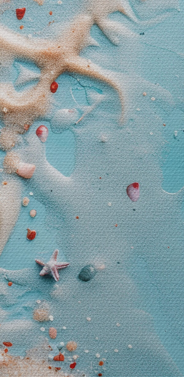 Eine Gruppe von Muscheln und Seesternen auf einer blauen Fläche Eine Gruppe von Muscheln und Seesternen auf einer blauen Fläche