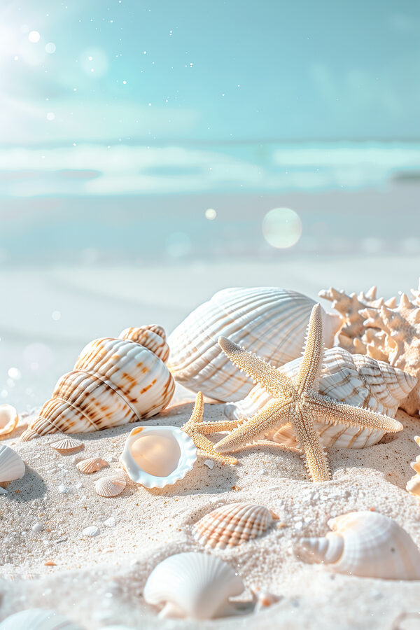Eine Gruppe von Muscheln und Seesternen auf Sand Eine Gruppe von Muscheln und Seesternen auf Sand