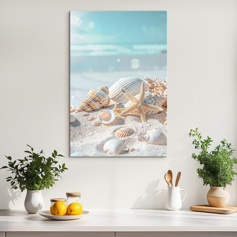 Eine Gruppe von Muscheln und Seesternen auf Sand