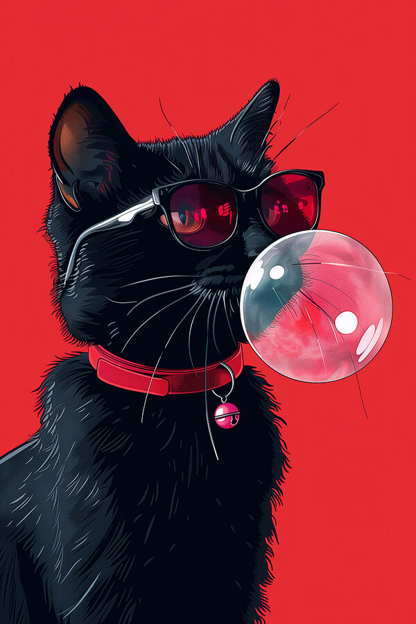 Eine Katze, die eine Sonnenbrille trägt und Kaugummi kaut Eine Katze, die eine Sonnenbrille trägt und Kaugummi kaut
