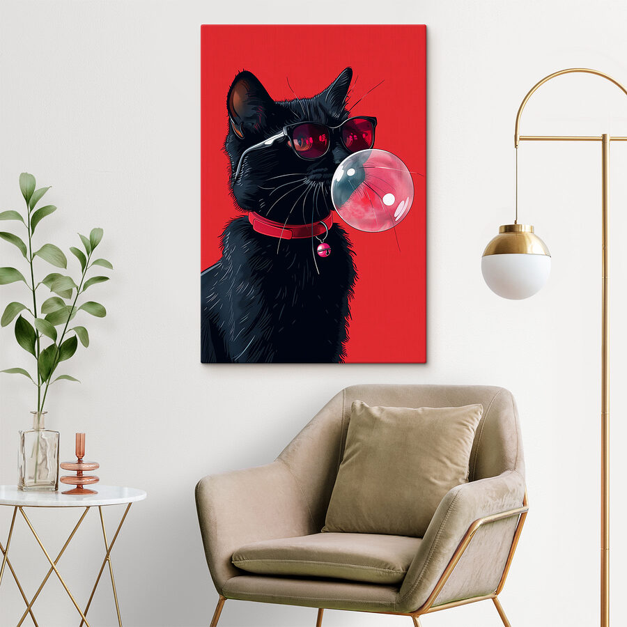 Eine Katze, die eine Sonnenbrille trägt und Kaugummi kaut