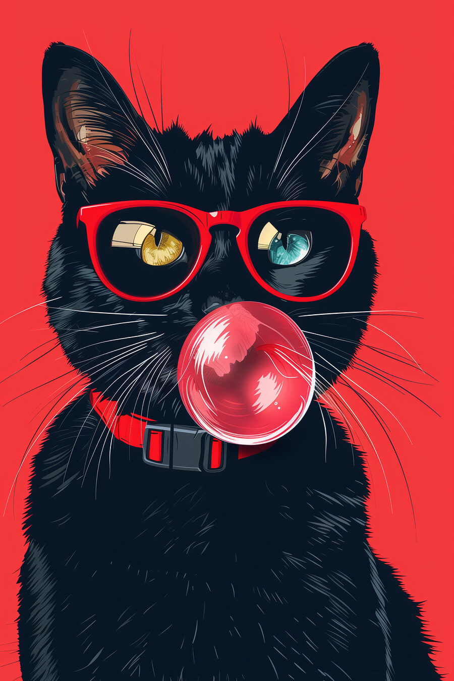 Eine Katze, die eine Sonnenbrille trägt und Kaugummi kaut