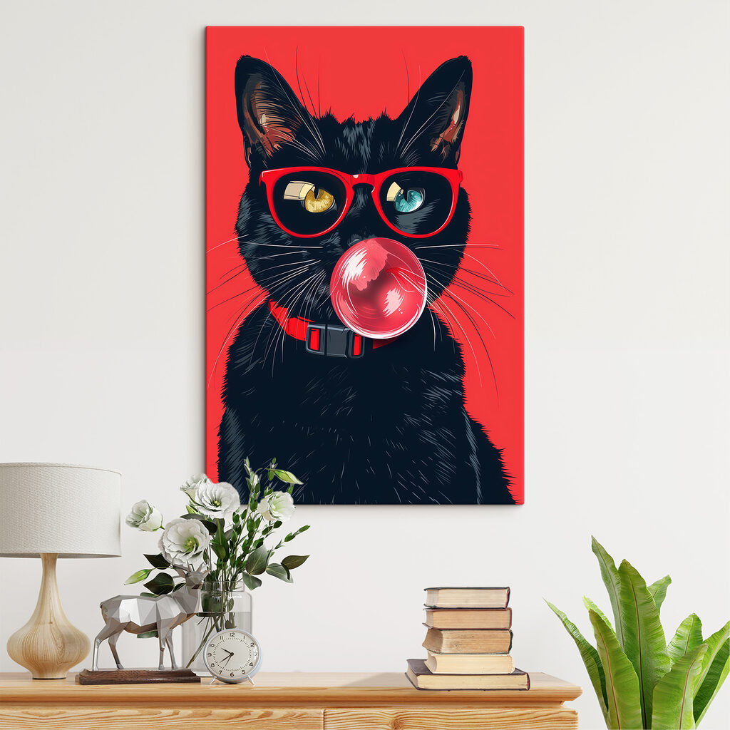 A cat wearing sunglasses and chewing gum