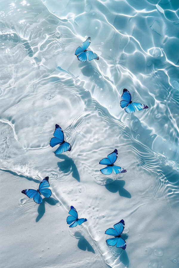 Eine Gruppe von blauen Schmetterlingen, die auf dem Wasser schwimmen Eine Gruppe von blauen Schmetterlingen, die auf dem Wasser schwimmen