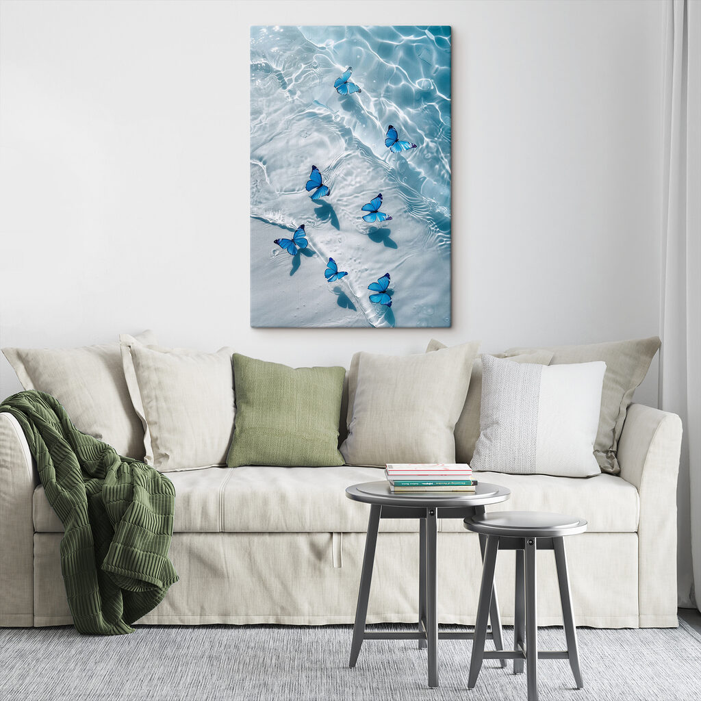 A group of blue butterflies floating on water A group of blue butterflies floating on water