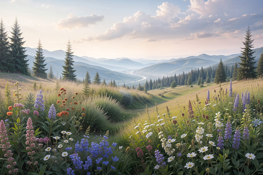 Ein Feld voller Blumen und Bäume