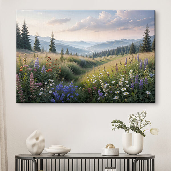 Ein Feld voller Blumen und Bäume Ein Feld voller Blumen und Bäume