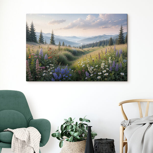 Ein Feld voller Blumen und Bäume Ein Feld voller Blumen und Bäume
