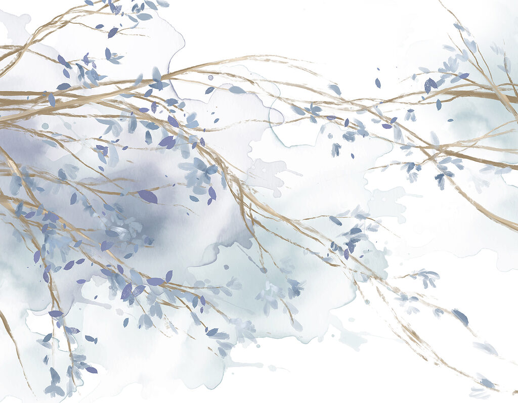 Aquarell eines Baumzweigs mit blauen Blättern Aquarell eines Baumzweigs mit blauen Blättern
