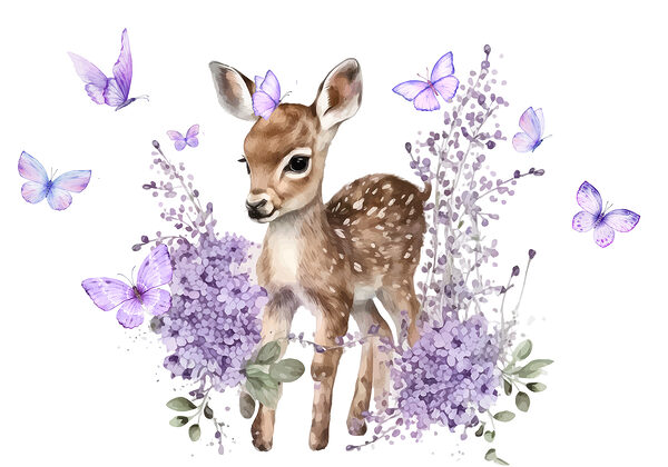 Baby-Hirsch umgeben von lila Blumen Baby-Hirsch umgeben von lila Blumen