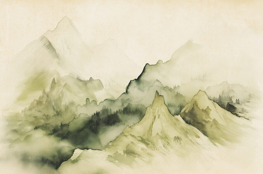 Gemälde von Bergen und Nebel