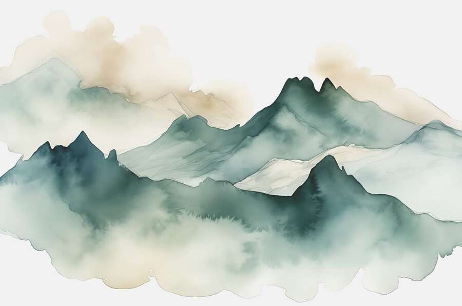 Gemälde von Bergen und Nebel