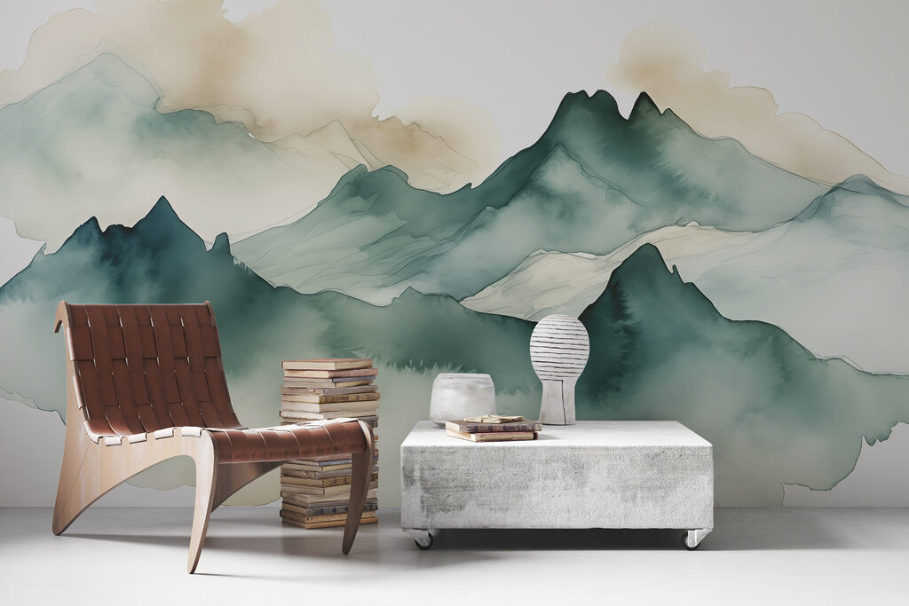 Painting of mountains and fog