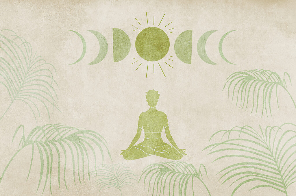 Drawing of a person sitting in a lotus position surrounded by plants Drawing of a person sitting in a lotus position surrounded by plants