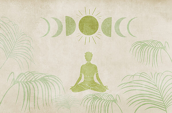 Drawing of a person sitting in a lotus position surrounded by plants Drawing of a person sitting in a lotus position surrounded by plants