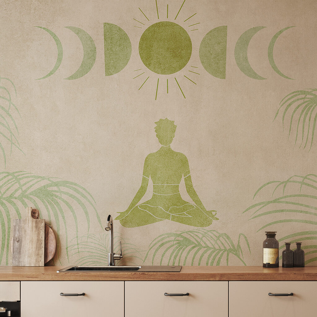 Drawing of a person sitting in a lotus position surrounded by plants Drawing of a person sitting in a lotus position surrounded by plants