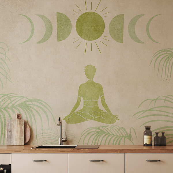 Drawing of a person sitting in a lotus position surrounded by plants Drawing of a person sitting in a lotus position surrounded by plants