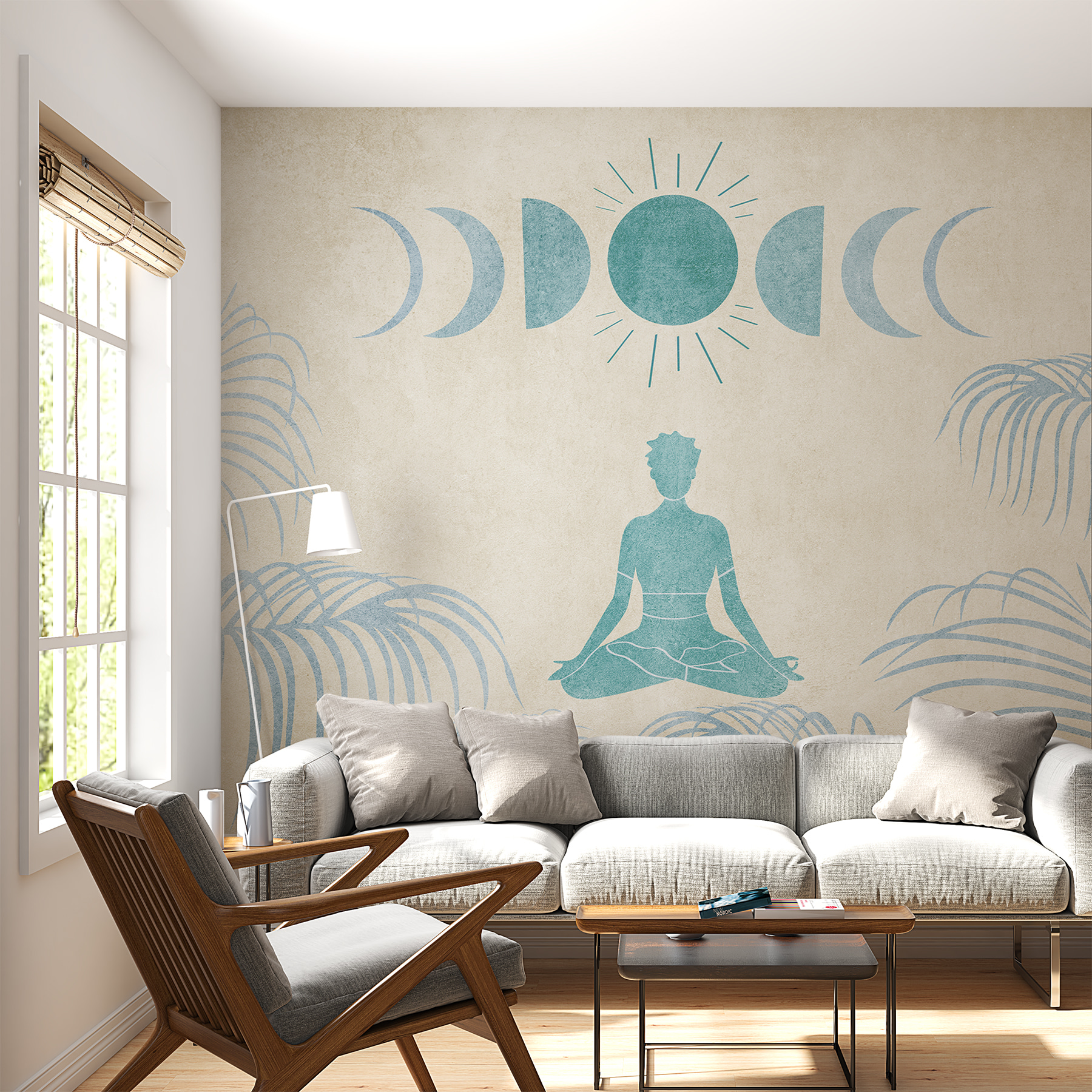 Drawing of a person sitting in a lotus position surrounded by plants