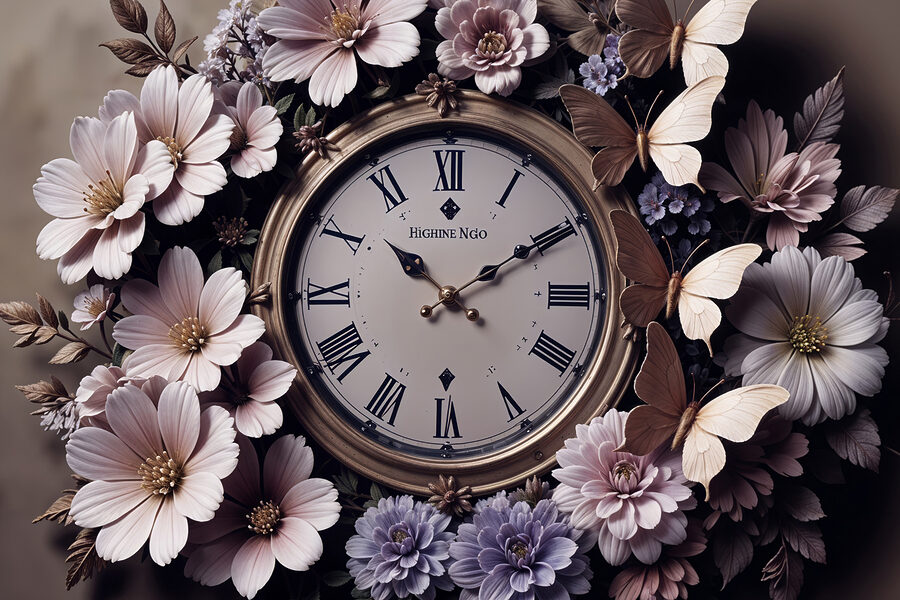 Uhr umgeben von Blumen