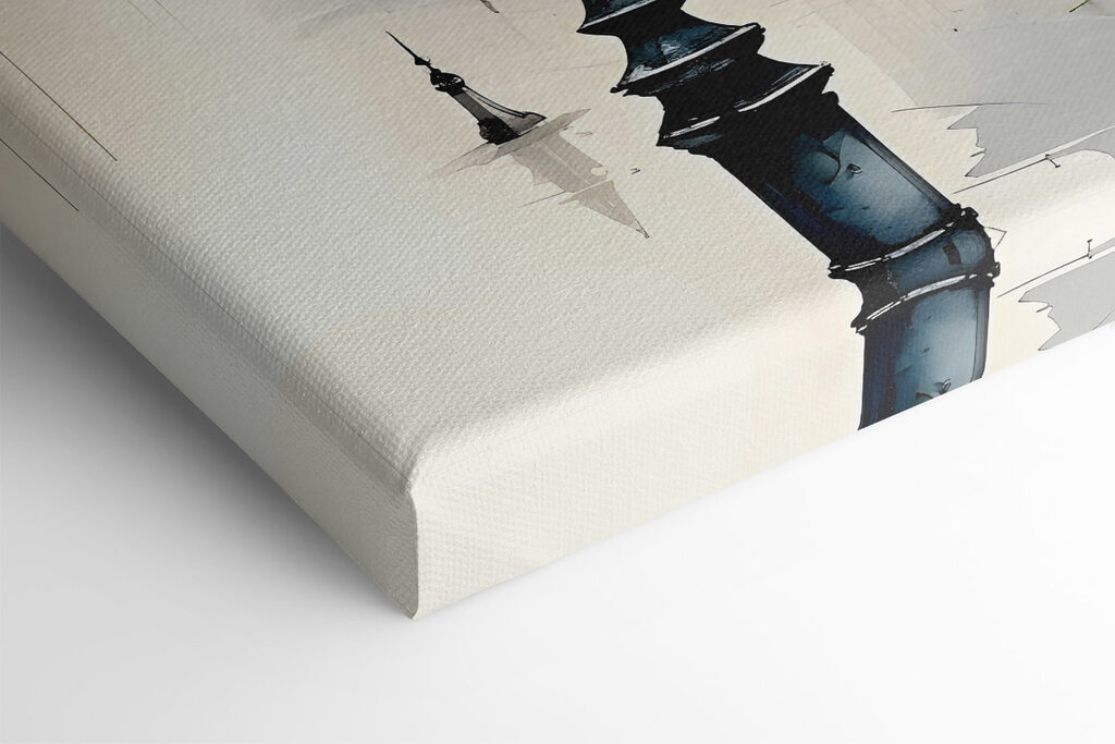 Painting of a building with trees and a street lamp