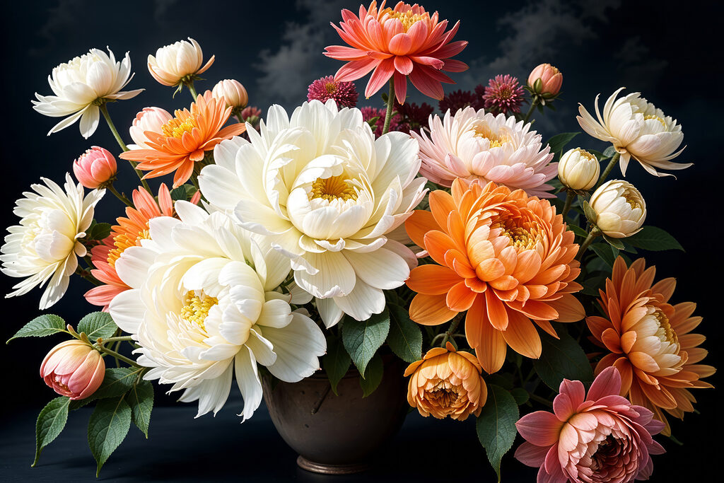 Vase of flowers with a cloudy sky Vase of flowers with a cloudy sky