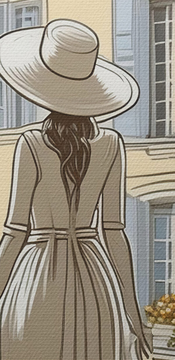 Frau in Kleid und Hut schaut aus einem Fenster Frau in Kleid und Hut schaut aus einem Fenster