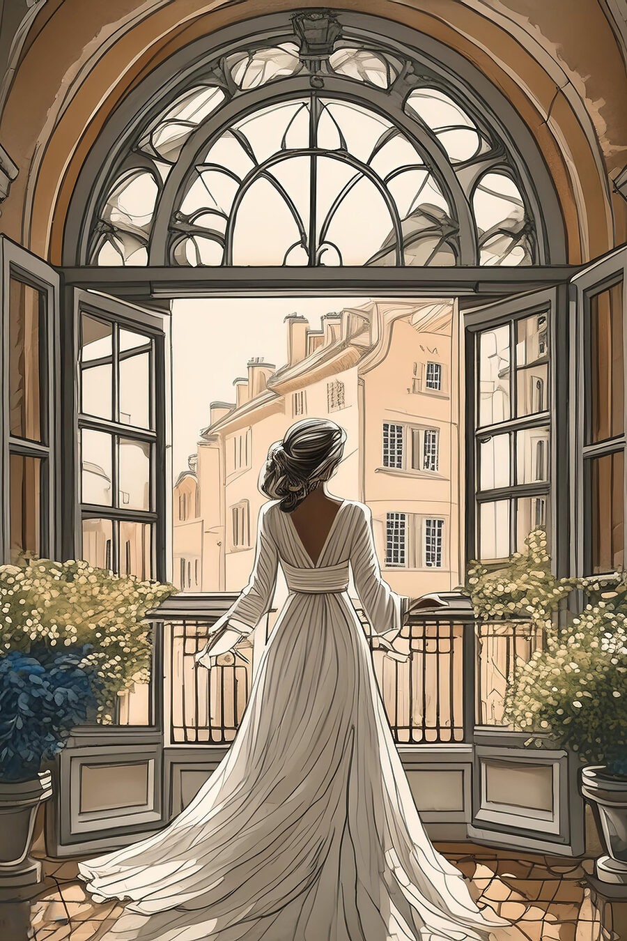 Frau im weißen Kleid schaut aus dem Fenster