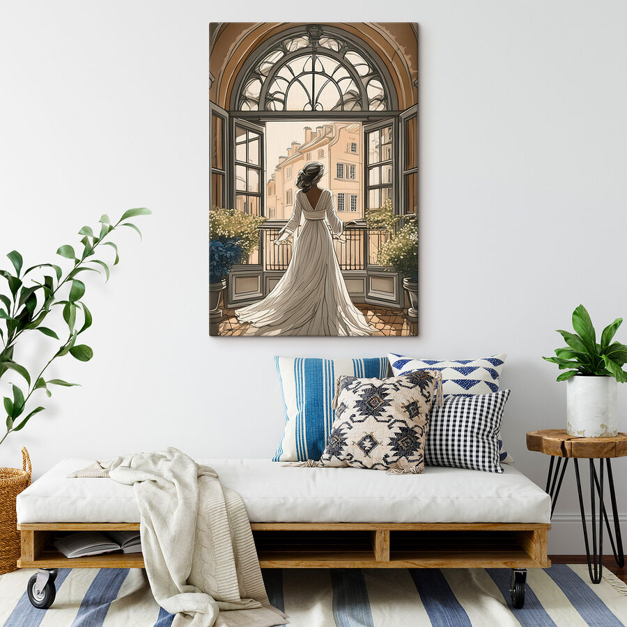 Frau im weißen Kleid schaut aus dem Fenster