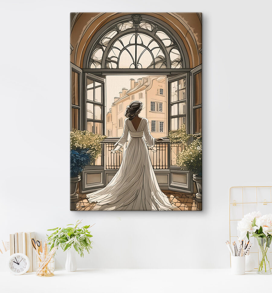 Frau im weißen Kleid schaut aus dem Fenster