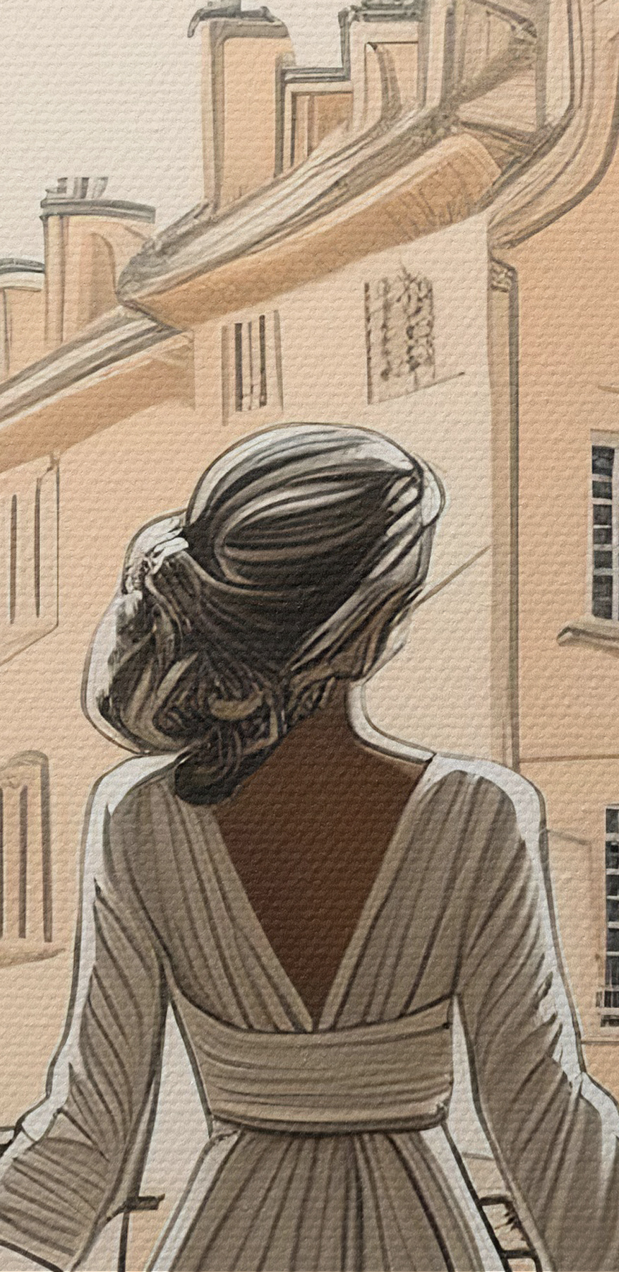 Frau im weißen Kleid schaut aus dem Fenster