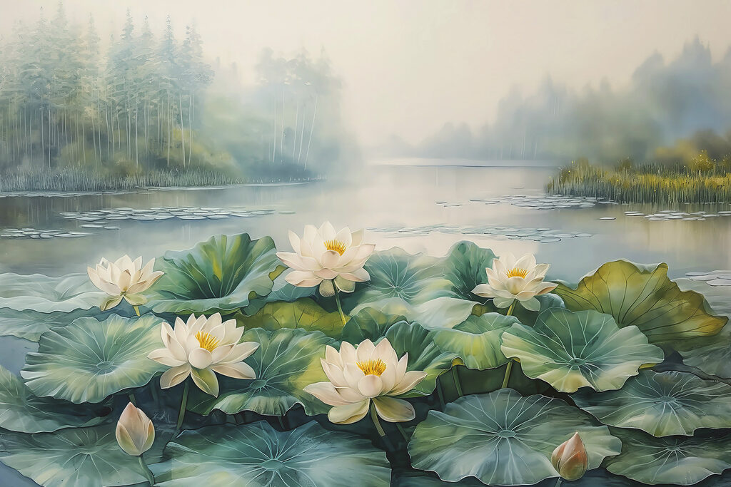 Gemälde eines Teiches mit weißen Blumen und grünen Blättern Gemälde eines Teiches mit weißen Blumen und grünen Blättern