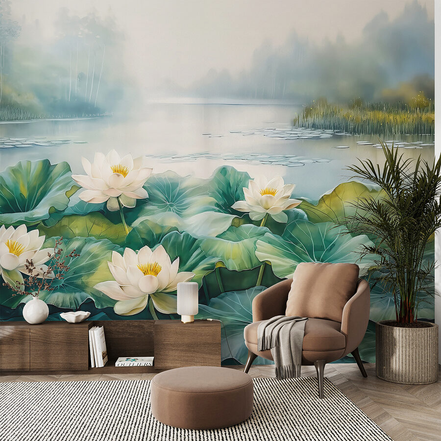 Gemälde eines Teiches mit weißen Blumen und grünen Blättern