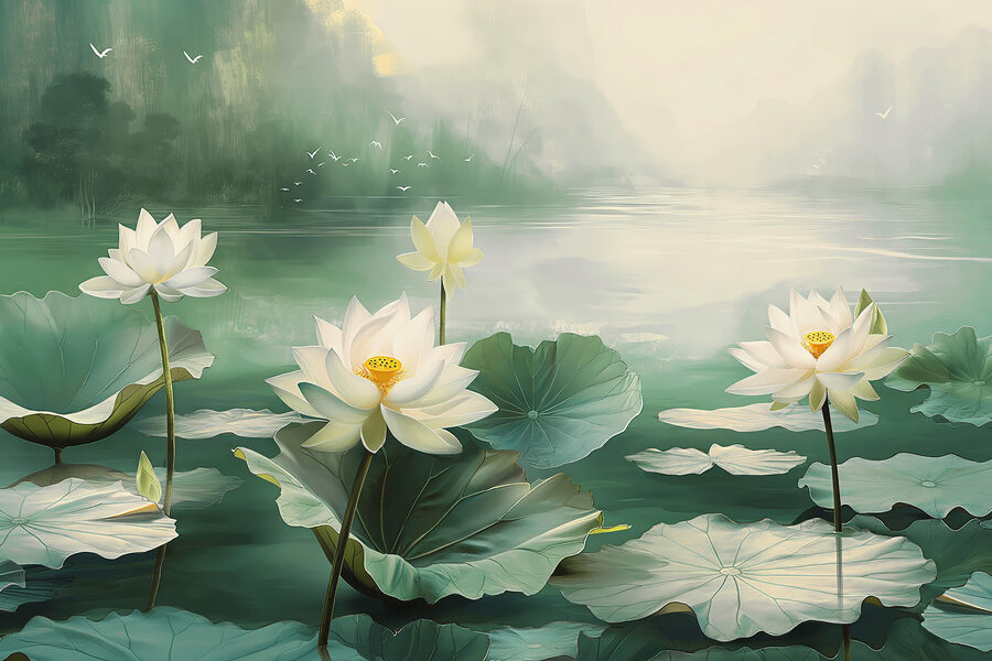 Malerei von weißen Blumen und Blättern in einem See