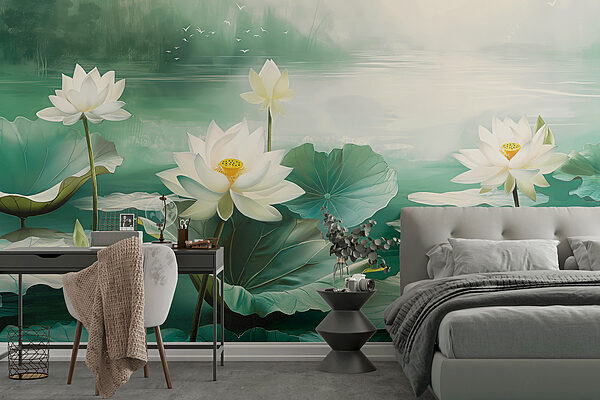 Malerei von weißen Blumen und Blättern in einem See Malerei von weißen Blumen und Blättern in einem See
