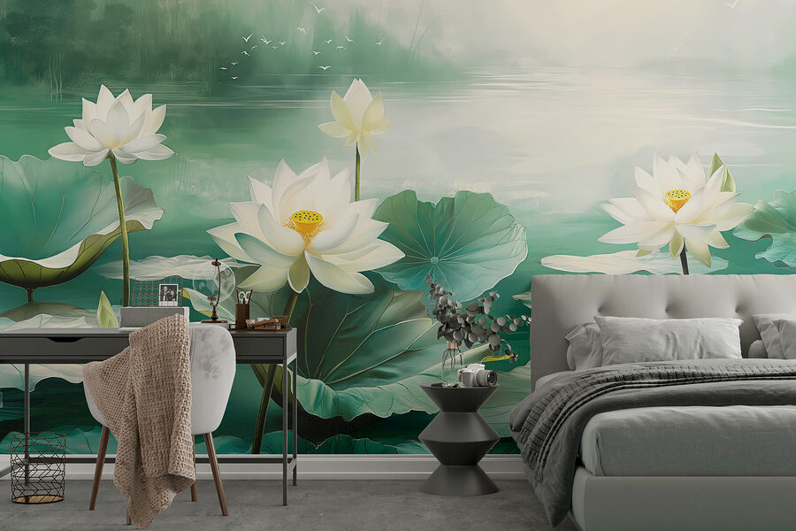 Malerei von weißen Blumen und Blättern in einem See
