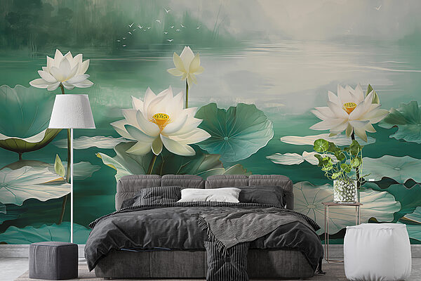 Malerei von weißen Blumen und Blättern in einem See Malerei von weißen Blumen und Blättern in einem See