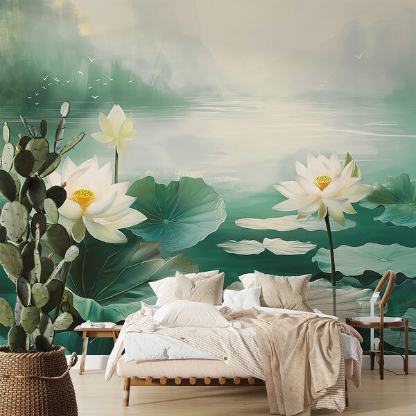Malerei von weißen Blumen und Blättern in einem See Malerei von weißen Blumen und Blättern in einem See
